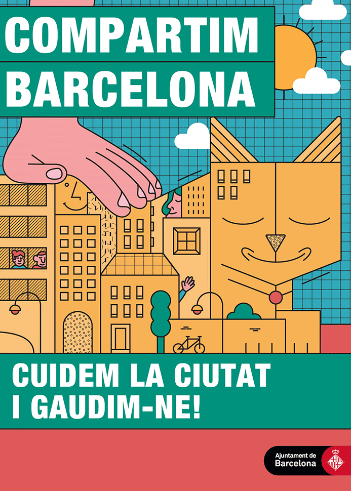 Cartel de la campaña de convivencia 2017 con el texto en catalán: Compartimos Barcelona. Cuidamos la ciudad y disfrutamos de ella! Ayuntamiento de Barcelona