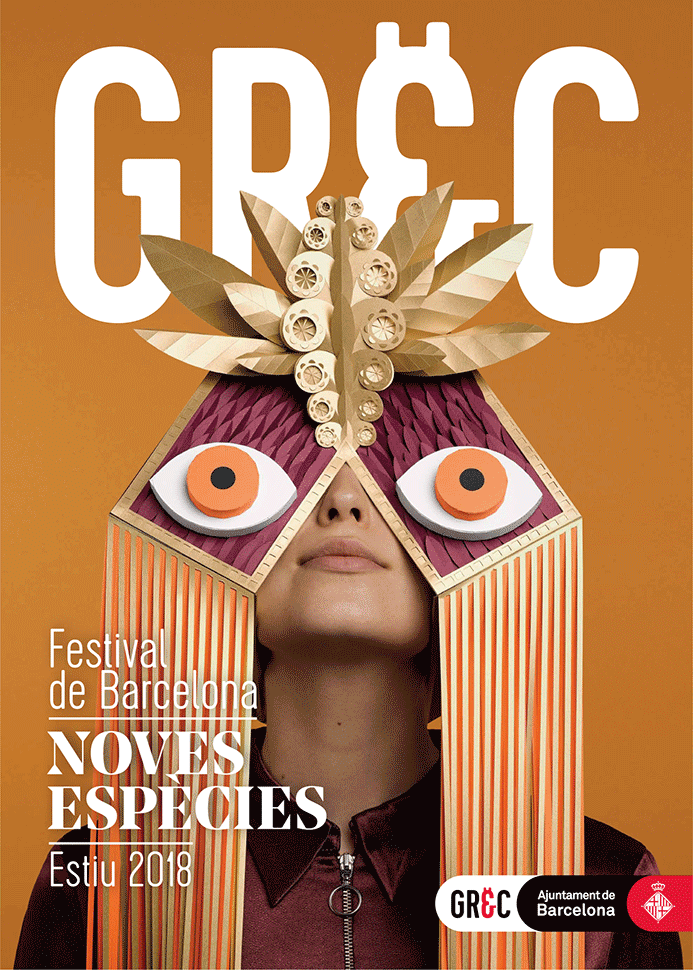 Cartell de promoció del festival Grec del 2018 amb el text: Festival de Barcelona. Noves espècies. Estiu 2018. Ajuntament de Barcelona. 