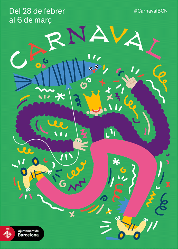 Cartel de la fiesta de Carnaval del 2019, con fondo verde, y con el texto "Carnaval. Del 28 de febrero al 6 de marzo"
