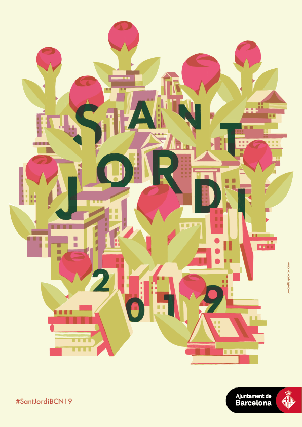 Cartell de Sant Jordi del 2019 amb imatges d'una ciutat feta de llibres i roses. Ajuntament de Barcelona. 