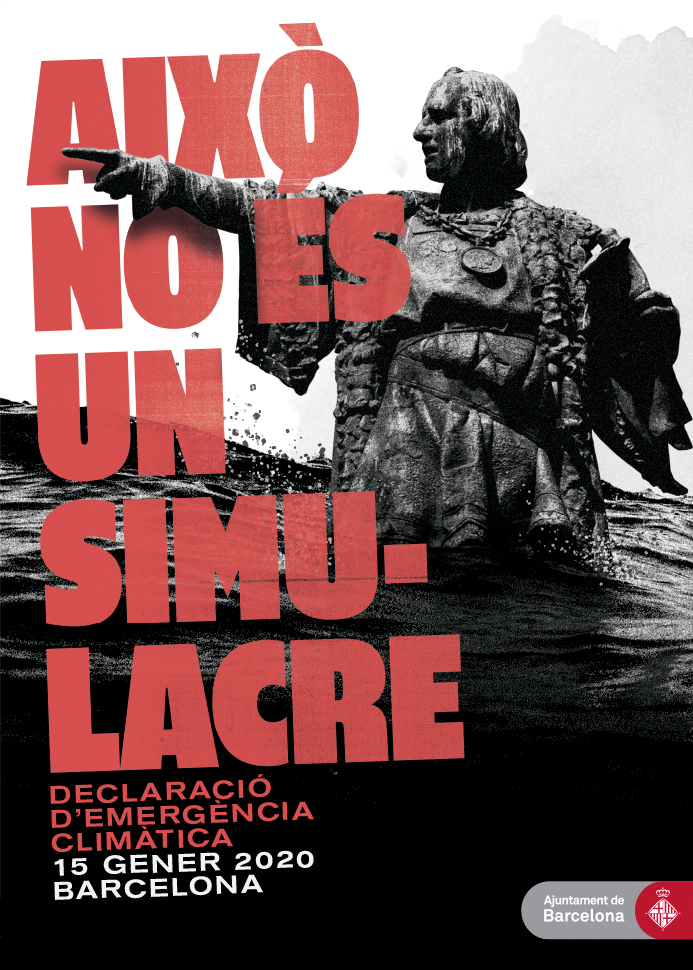 A poster depicting a statue of Columbus sinking into the sea. Its level is rising, caused by the climate crisis. Barcelona City Council. 