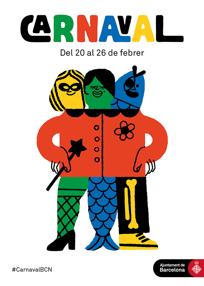Poster showing three interlinking human figures sharing the same torso but with three heads and different legs. Barcelona City Council. 