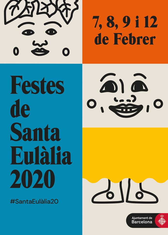 Cartell en què es pot llegir el text ‘Festes de Santa Eulàlia 2020’ i es veuen uns esboços de cares de dones. Ajuntament de Barcelona. 