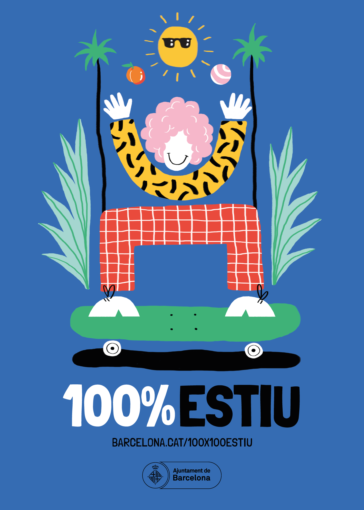 Poster with various human figures engaging in free time and leisure with the text ‘100% summer’. Barcelona City Council. 