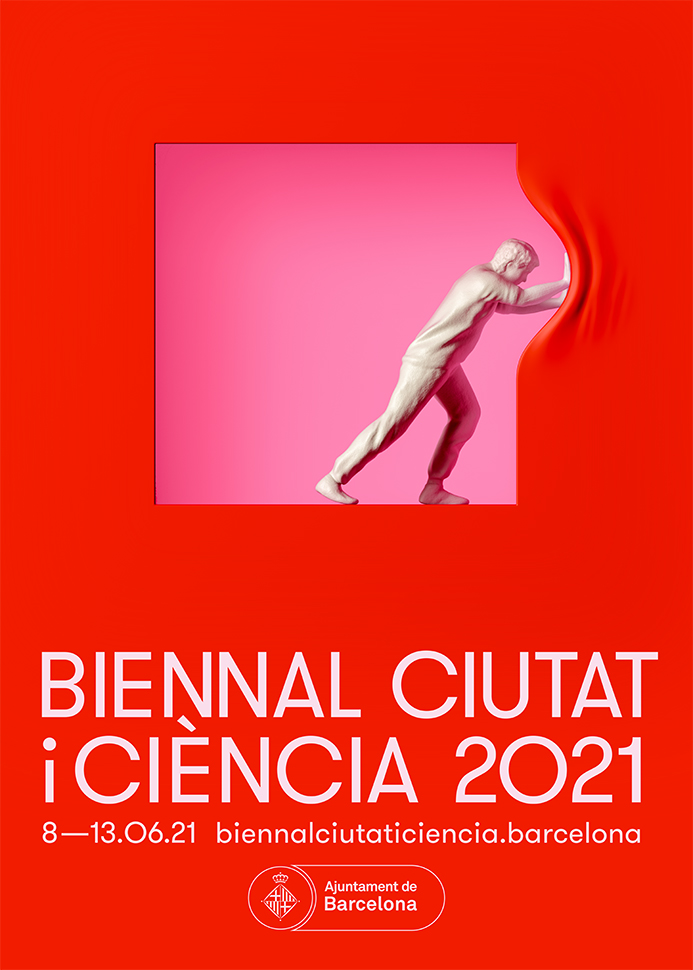 Cartell en què es pot veure la figura d’un home que empeny un text que diu “Biennal Ciutat i Ciència, 8 al 13 de juny de 2021”. Any 2021. Ajuntament de Barcelona. Autoria: Javier Jaén (il•lustració) / La Factoria dels anuncis (disseny).