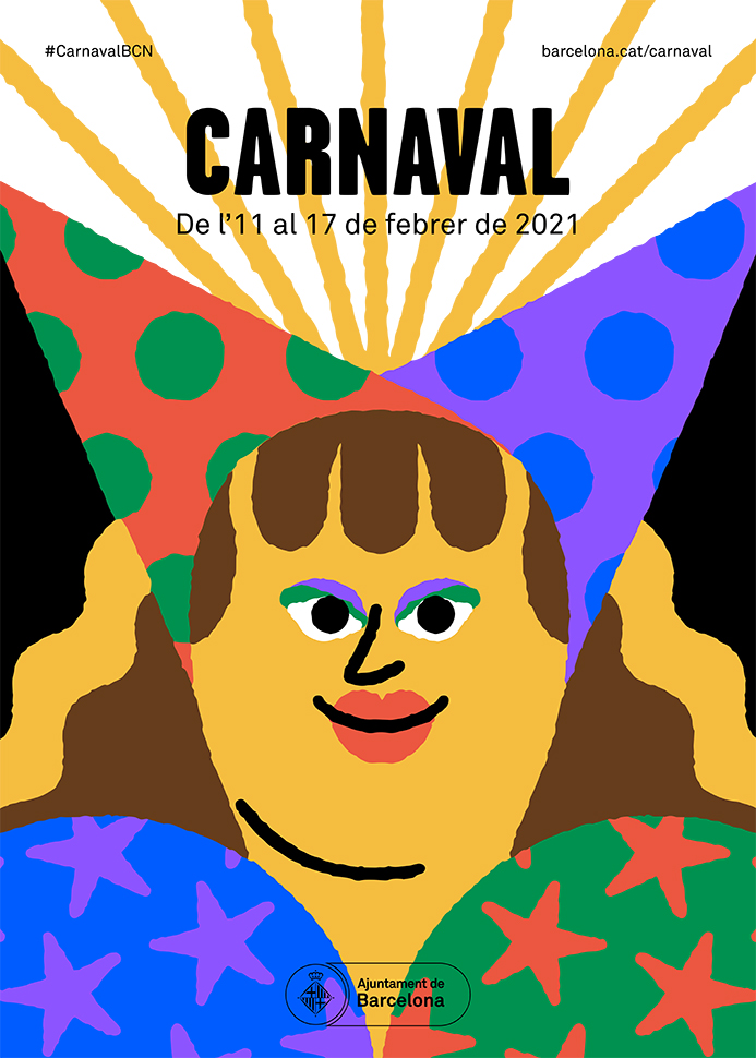 Cartell en què es veu una figura i el text “Carnaval, de l'11 al 17 de febrer de 2021". Any 2021. Ajuntament de Barcelona. Autoria: Roda (il•lustració) / Laia Guarro (disseny).