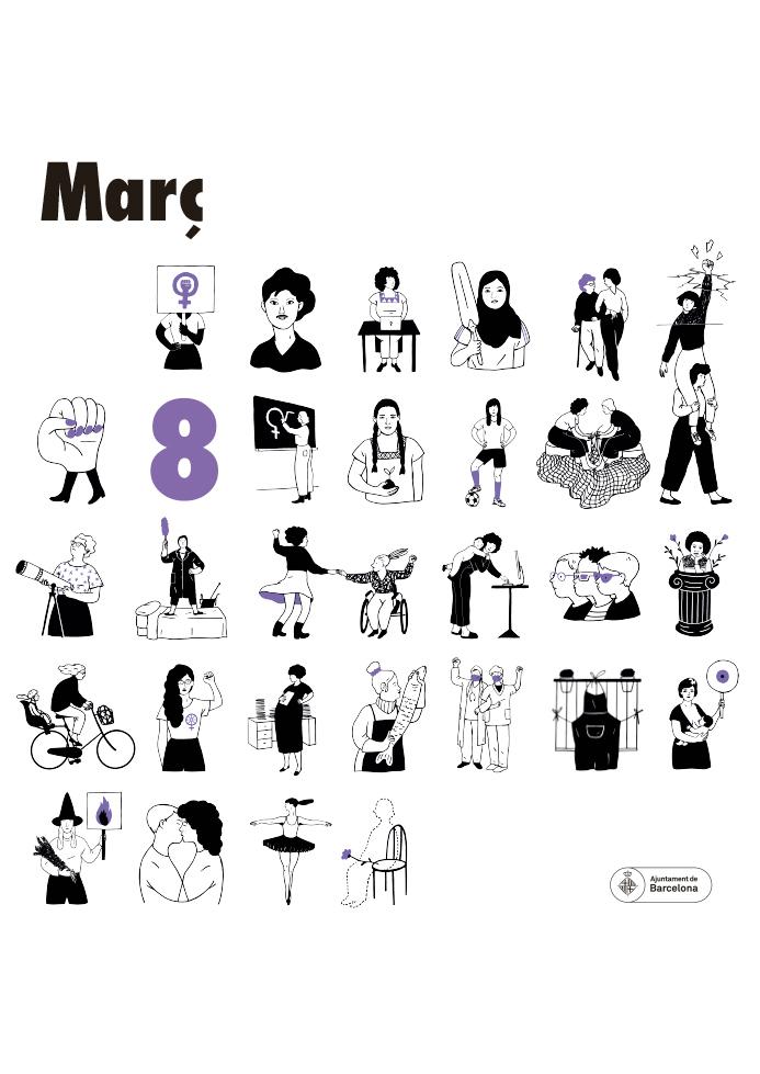 Cartell del 8 de març, Dia Internacional de les Dones, que mostra dones en diferents actituds en format calendari
