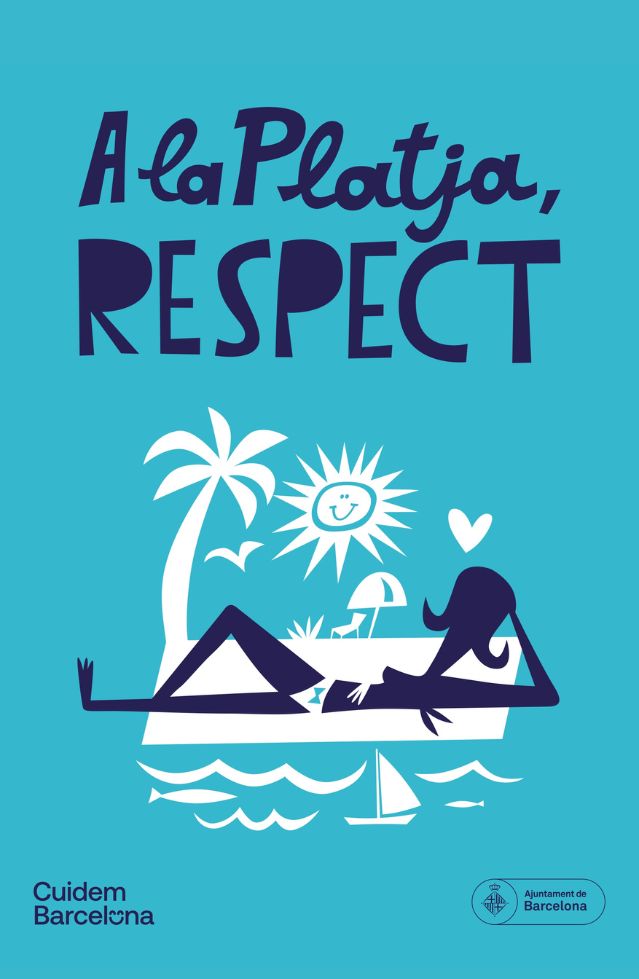 Cartel que muestra el texto "A la Platja, Respect" y un ilustración de una mujer tomando el sol en la playa.