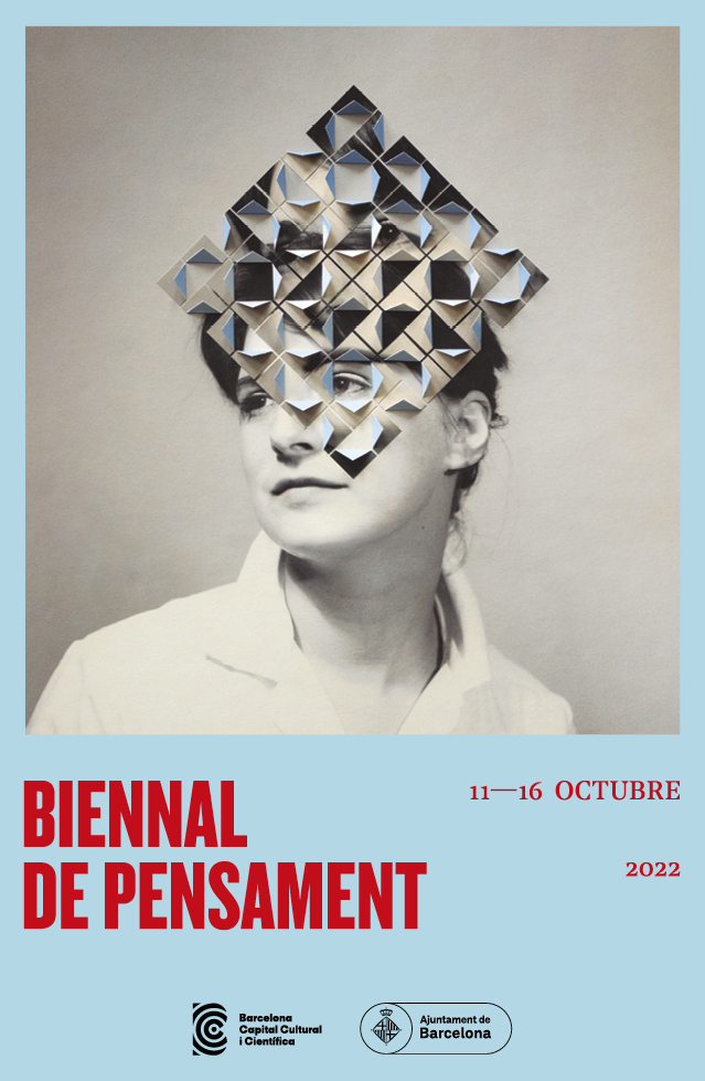 Cartell que mostra una dona amb una trama poligonal sobre la cara i que anuncia la Biennal de Pensament 2022