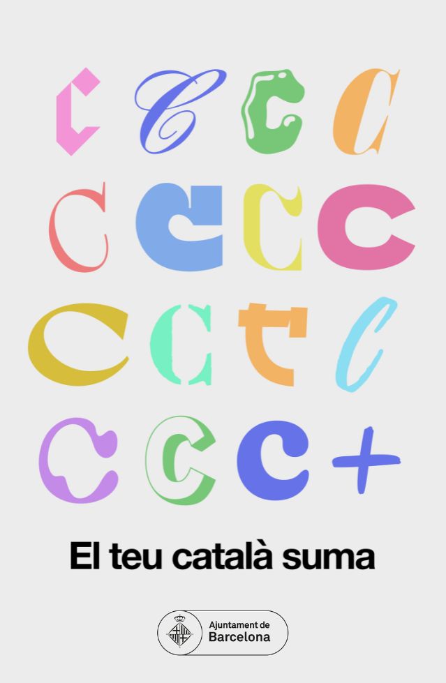 graella de 16 lletres ce amb un més, en diferents colors, i el text "El teu català suma"