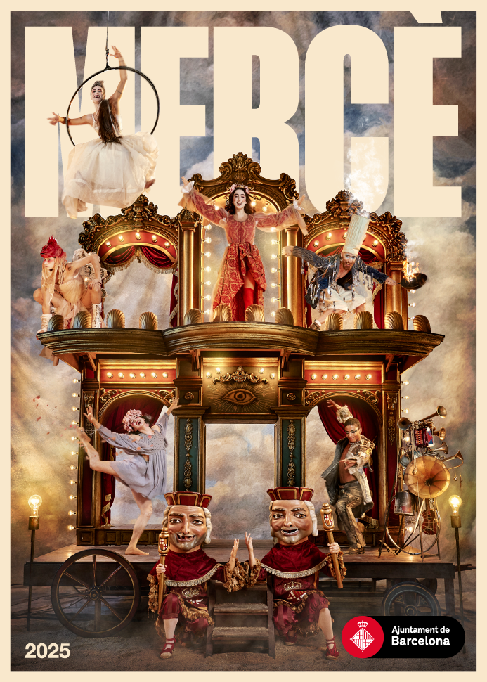 Poster for La Mercè 2025 featuring the text MERCÈ 2025 and an artistic scene, with a small theatre set where various characters overlap, including La Mercè and two macebearers of the city of Barcelona.