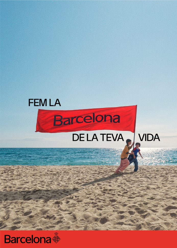 Picture showing a boy and a girl waving a flag that reads "Barcelona". You can also read "Fem la Barcelona de la teva vida". 