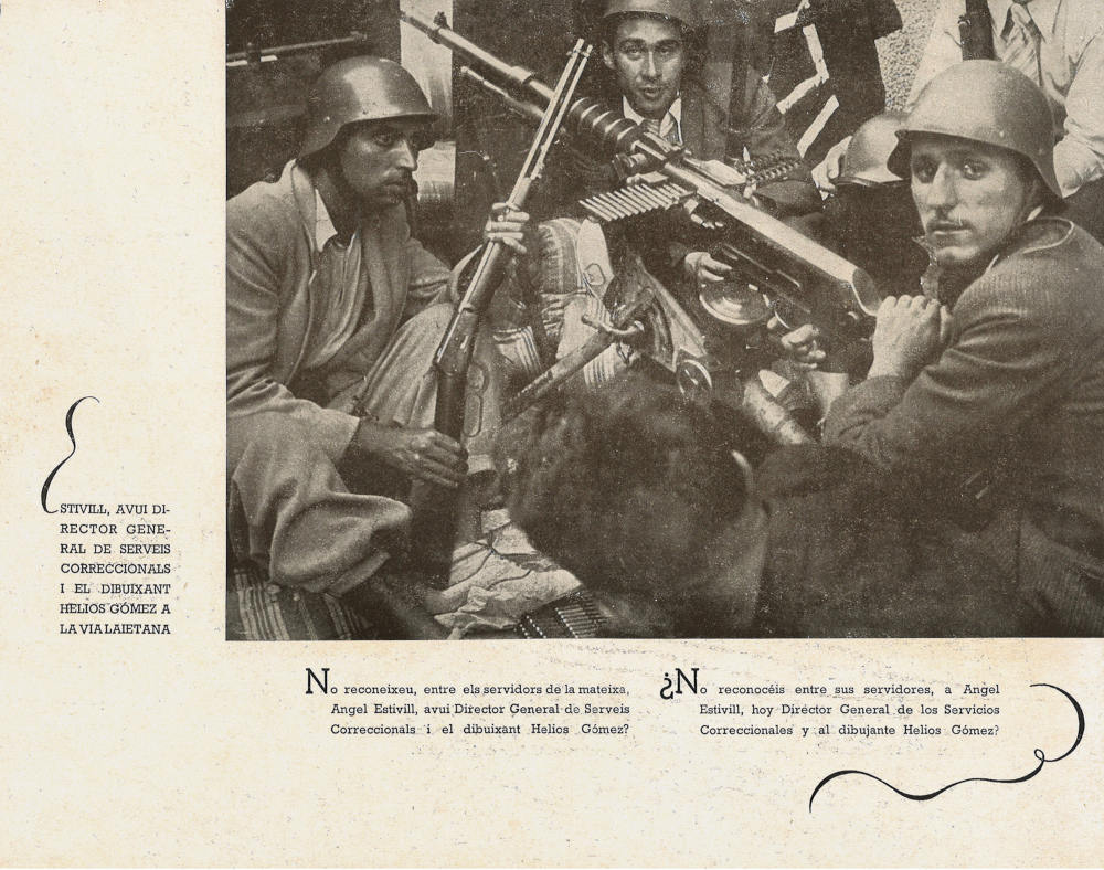 Helios Gómez taking up arms on the streets of Barcelona against the coup d’état of 18 July (1936), in the magazine "Visions de Guerra i de Rereguarda", no. 1 (Barcelona, 1937)