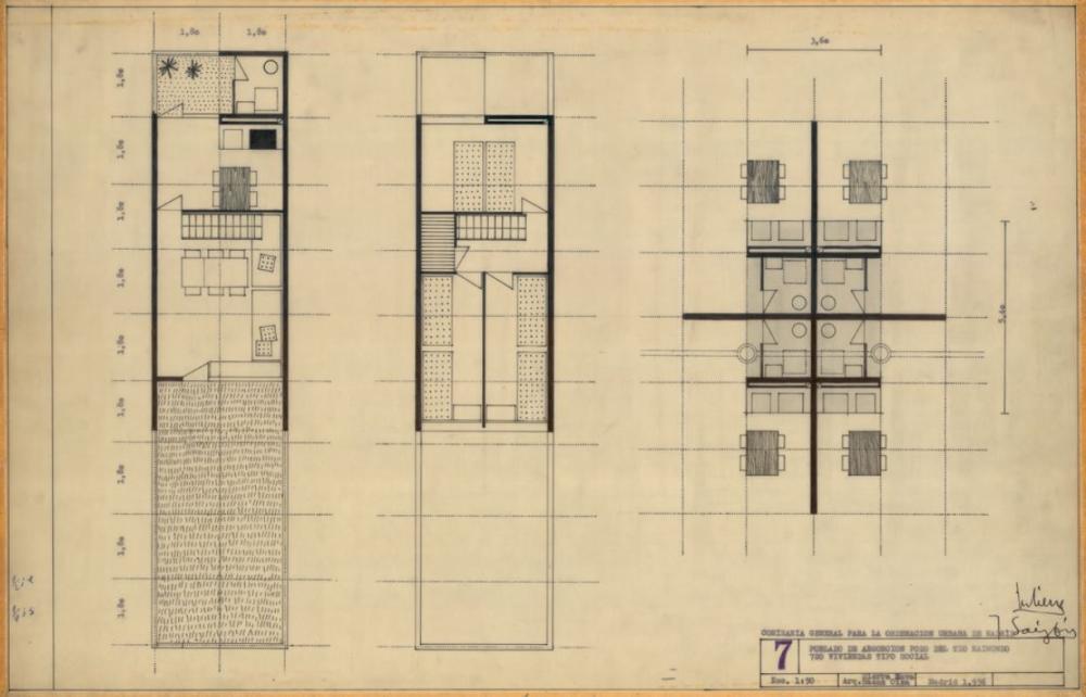 Francisco Javier Sáenz de Oíza y Manuel Sierra Nava, diseño de vivienda mínima para el poblado dirigido de Entrevías y el poblado de absorción Pozo del Tío Raimundo, Madrid, 1956. Archivo arquitecto Sáenz de Oíza