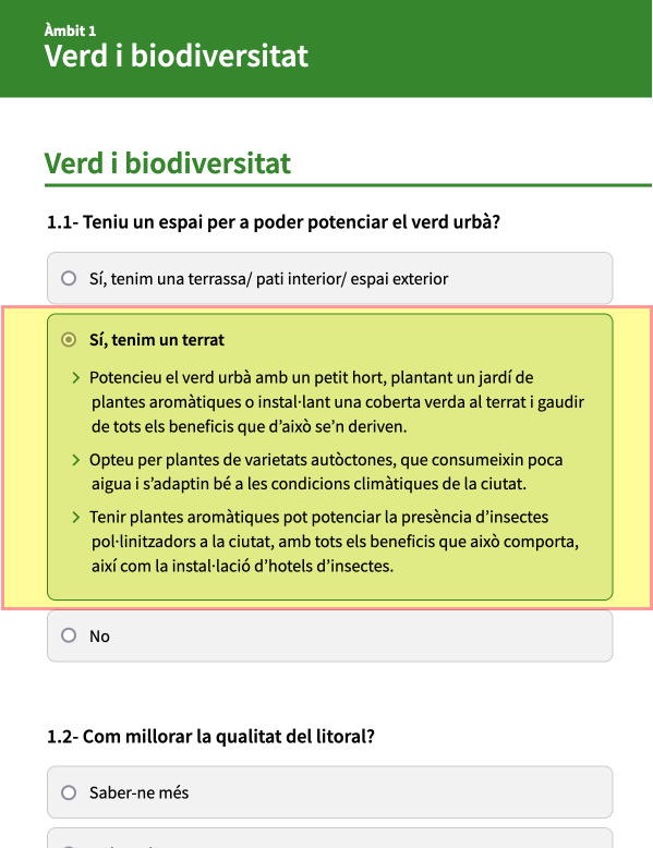 Captura de pantalla de l'exemple de mesures per a una pregunta