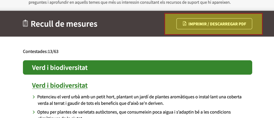 Captura de pantalla amb els botó per imprimir les mesures