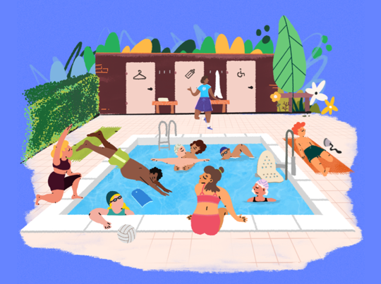 Il·lustració d'una piscina pública amb moltes persones fent-hi activitats diverses