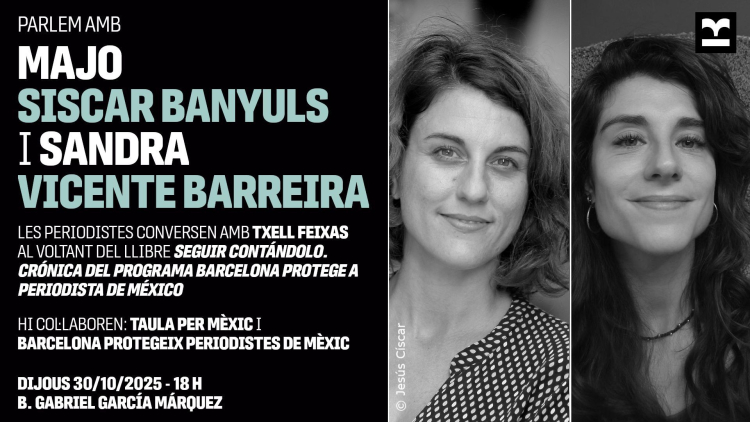 En la parte izquierda de la imagen hay información sobre la actividad (Título, lugar, dia i hora) y en el lado derecho una fotografía de medio cuerpo de cada una de las dos autoras del libro.