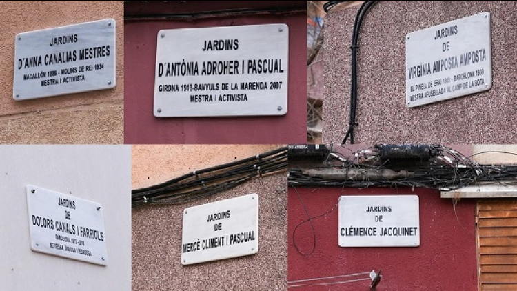 Algunes de les plaques dels espais dedicats a pedagogues i mestres catalanes