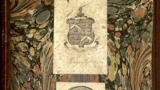 Imatge de les Marques d’antics posseïdors. Exlibris en forma d’escut heràldic de George Forbes i exlibris “Biblioteca d’Escornalbou. E. Toda”.dissenyat per Josep Triadó Mayol (1870-1929).