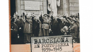 Detail of a book cover with a black and white photograph of a group of people giving the fascist salute of Franco.